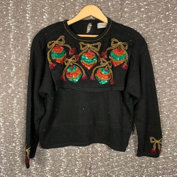 Karen Scott Sweaters - Karen Scott Evening Vintage Christmas Sweater Black Sequin Ornaments Holiday